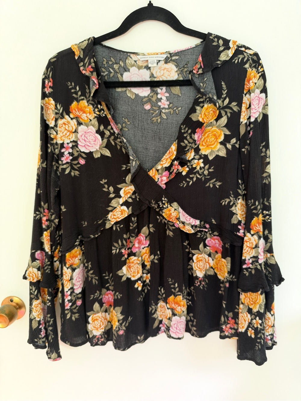 American Eagle Outfitters Black Floral Blouse With Bell Sleeves